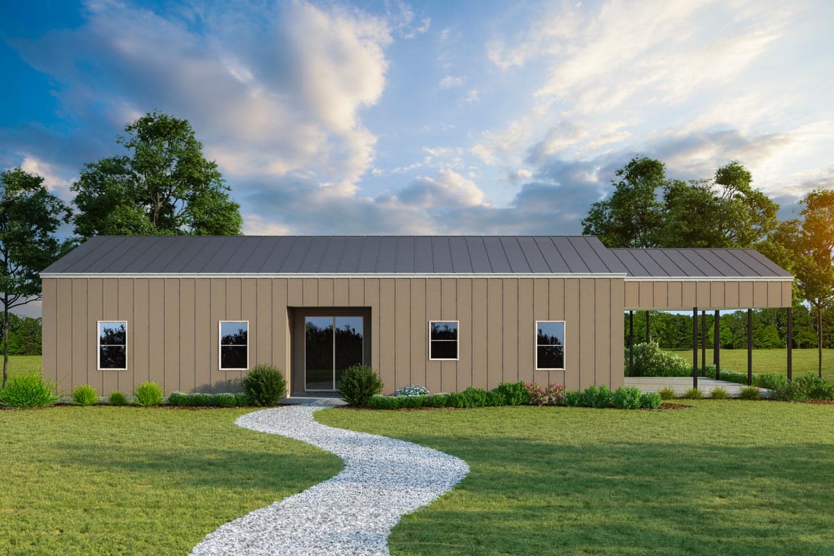 House plan exterior with modern style, featuring a metal roof, flat roof, and an open-air porch structure.