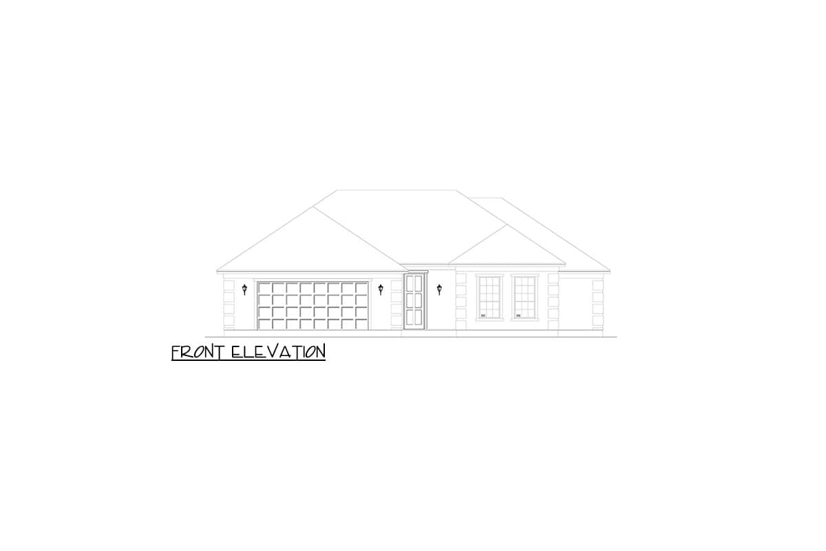 Front elevation drawing of a one-story house with attached garage, entry door, and windows.
