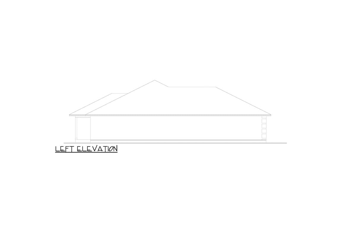 Left elevation drawing of a one-story house plan with hip roof and covered porch.