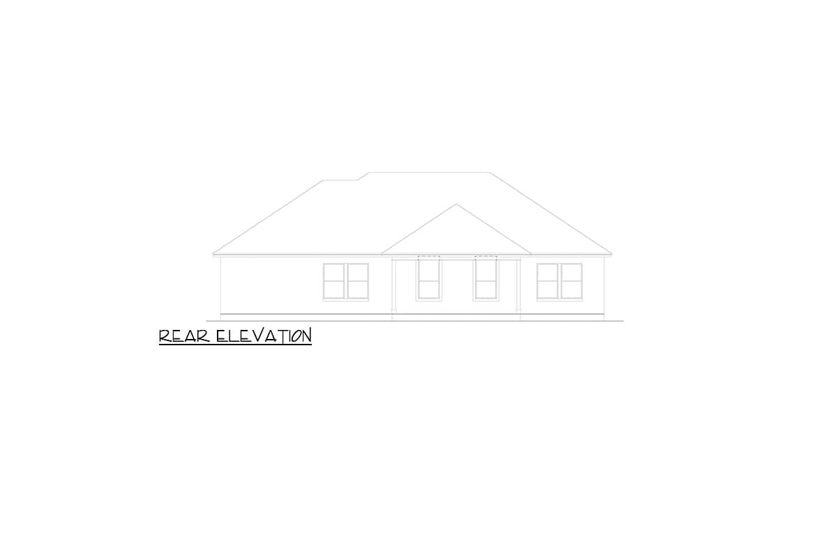 Rear elevation drawing of a one-story house with a hip roof, four windows, and a covered porch.