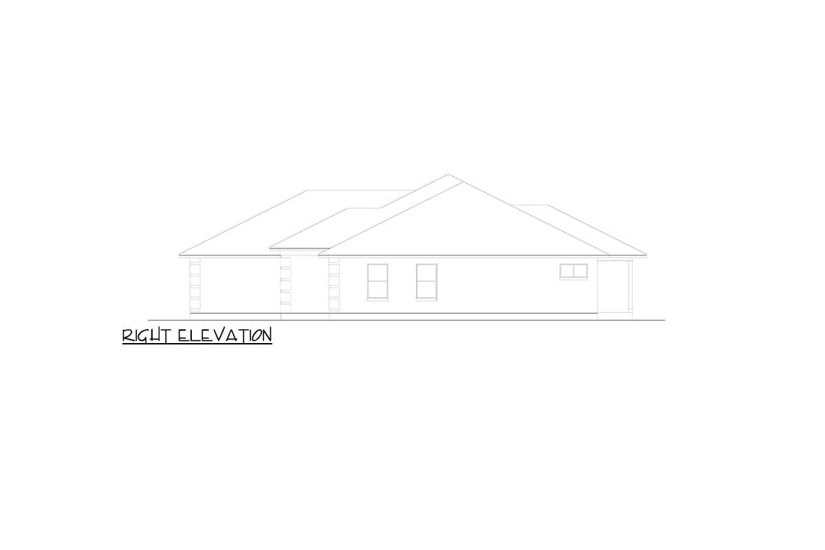 House plan right elevation showing a single-story structure with a hipped roof, attached garage, and covered porch.