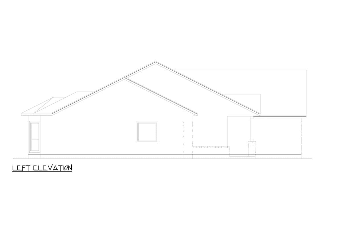 Left elevation house plan showing a single-story structure with a gable roof, a covered porch, and a single window.