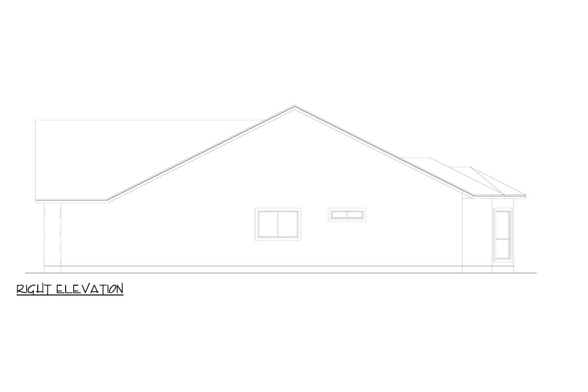 Right elevation drawing of a house plan showing roofline, two windows, and an entryway.