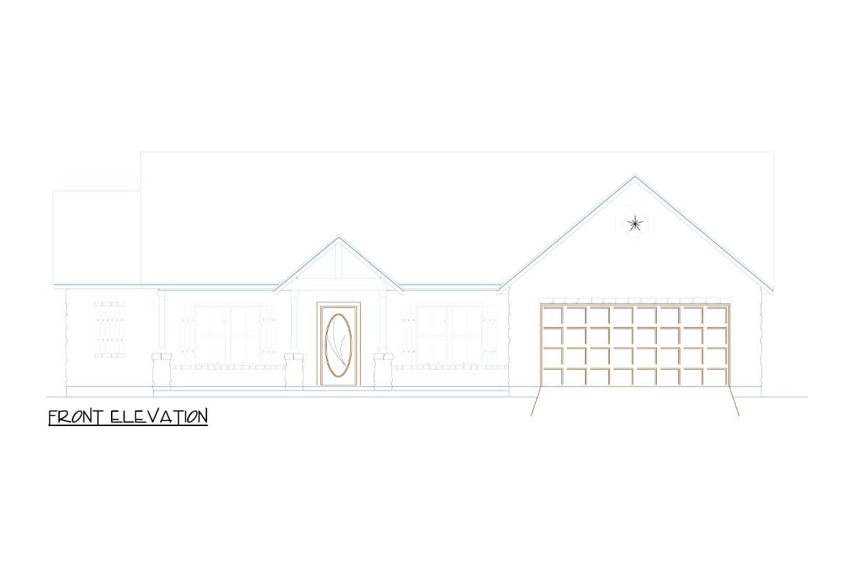 Front elevation of a one-story house plan with a covered entry porch, double garage, and gabled roof.