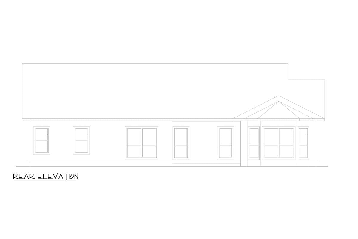 Rear elevation drawing of a one-story house plan with multiple windows and a gabled dormer.