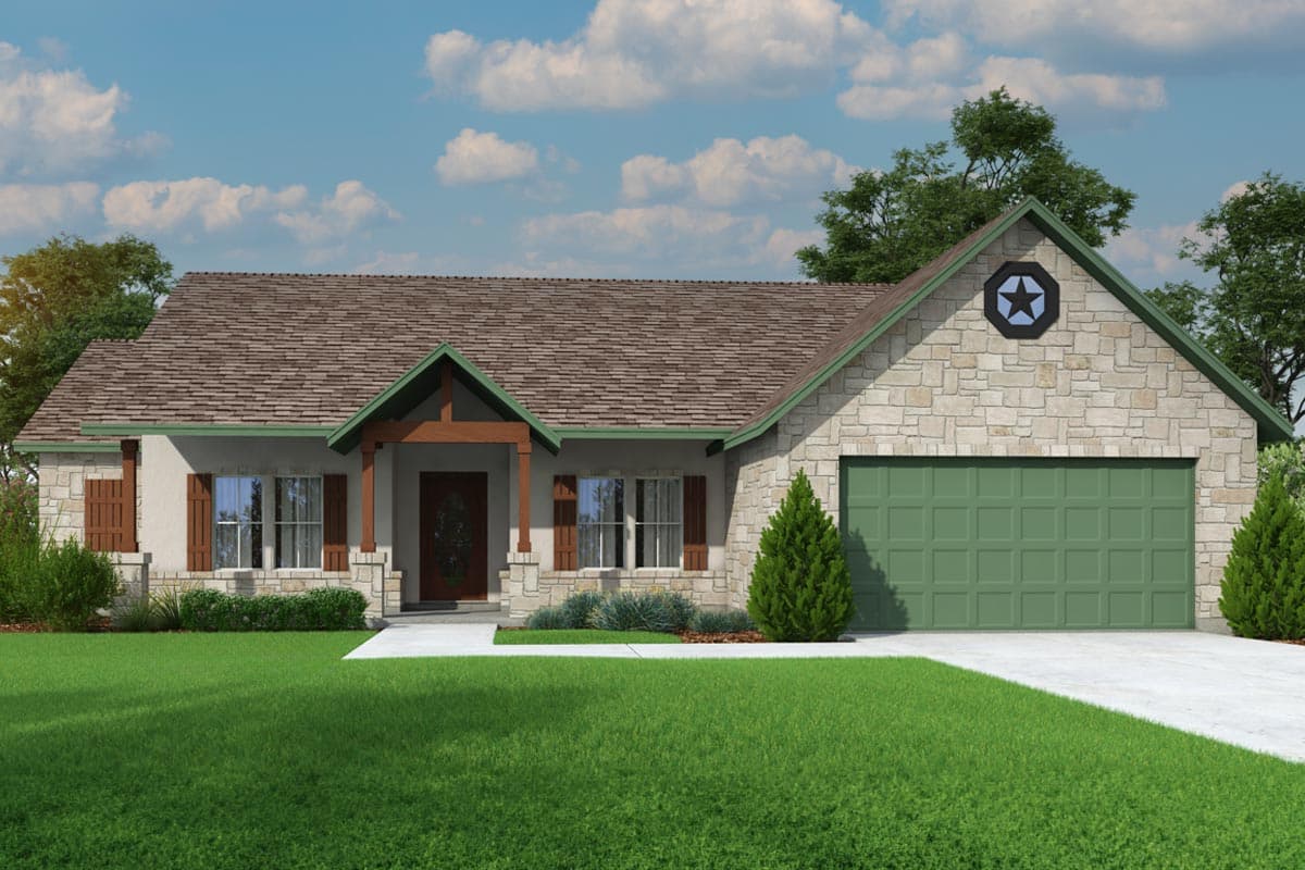 House plan exterior with stone veneer and a gable over the garage. Features a covered entry porch and decorative shutters. One-story ranch style.