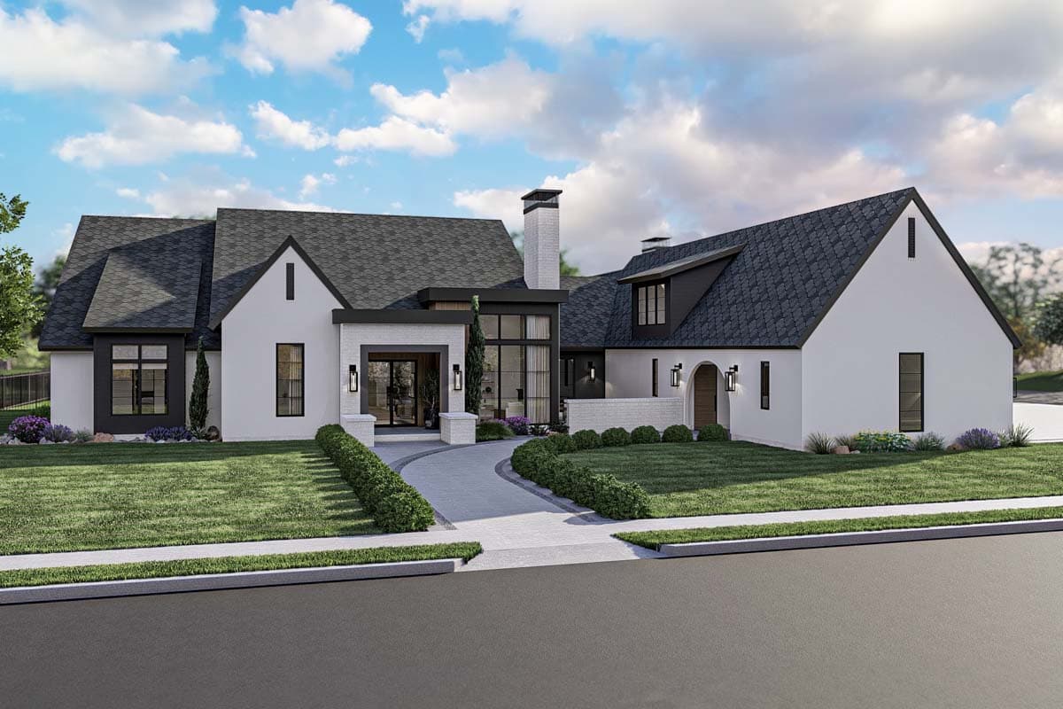 House plan exterior. Two-story Modern house with a gabled roof, brick accents, and a covered entry. Features include dormers and arched doorway.