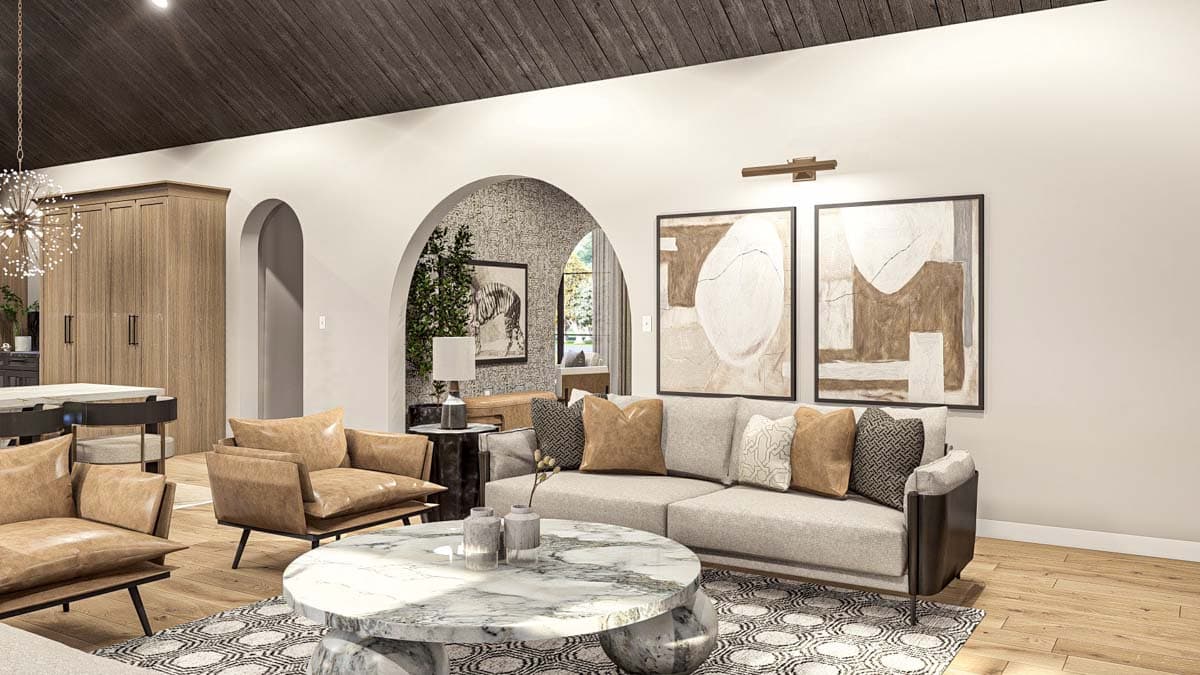 Interior rendering of a living room with arched openings, a wood-paneled ceiling, neutral sofa, leather armchairs, and marble coffee table.