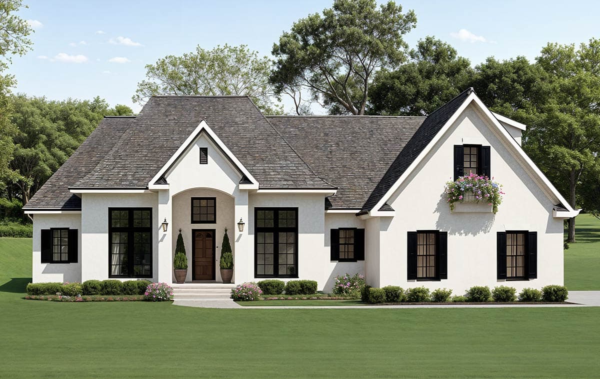 House plan exterior with two stories, a gable roof, arched entry, and decorative shutters; landscaping includes bushes and grass.