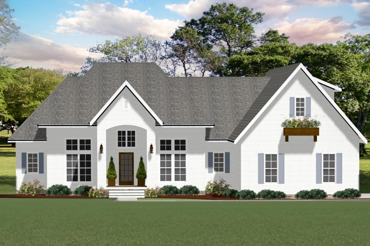 House plan exterior: Traditional style, one-story, with central gabled entrance, multiple dormers, and hip roof.