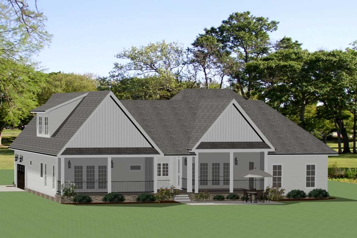 House plan exterior: Modern Farmhouse style, one-story with gables, dormer, covered porches, and attached garage.