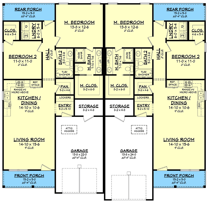 Plan 51959HZ: Traditional-Style Duplex House Plan with 2 Bed 2 Bath Units - 1098 Sq Ft Each - Floor Plan - Main Level - Traditional