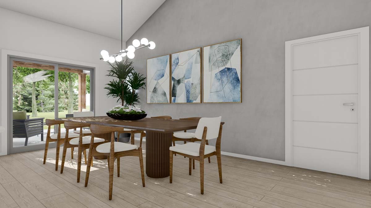 Dining room rendering with wooden table, chairs, modern chandelier, abstract art, and sliding glass doors to patio.