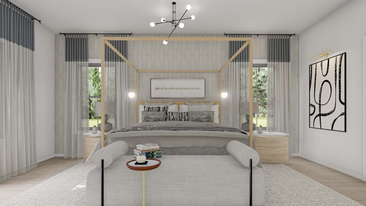 Primary bedroom with a four-post bed, geometric wallpaper, dual windows, and modern art.