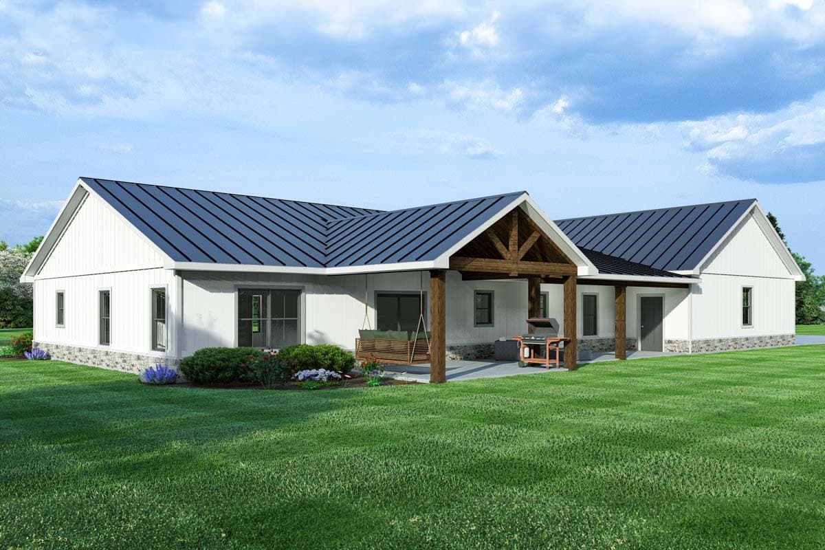 House plan exterior of a modern farmhouse with a metal roof, covered porch with exposed beams, and stone foundation.