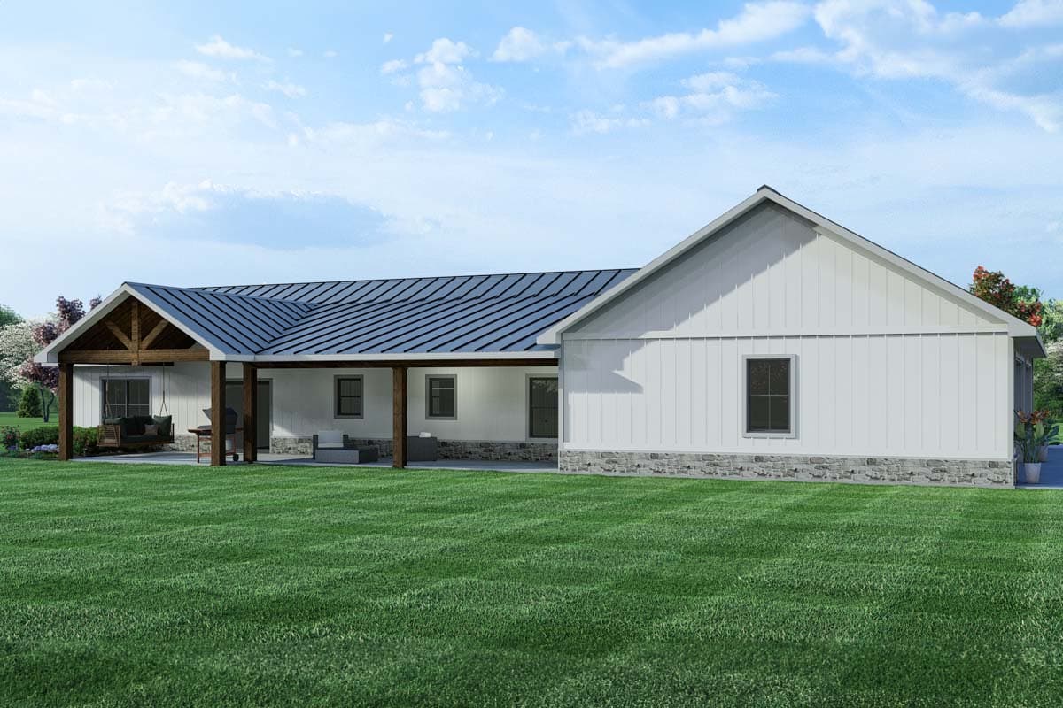 Modern Farmhouse house plan exterior with a gabled porch, metal roof, and stone accents.