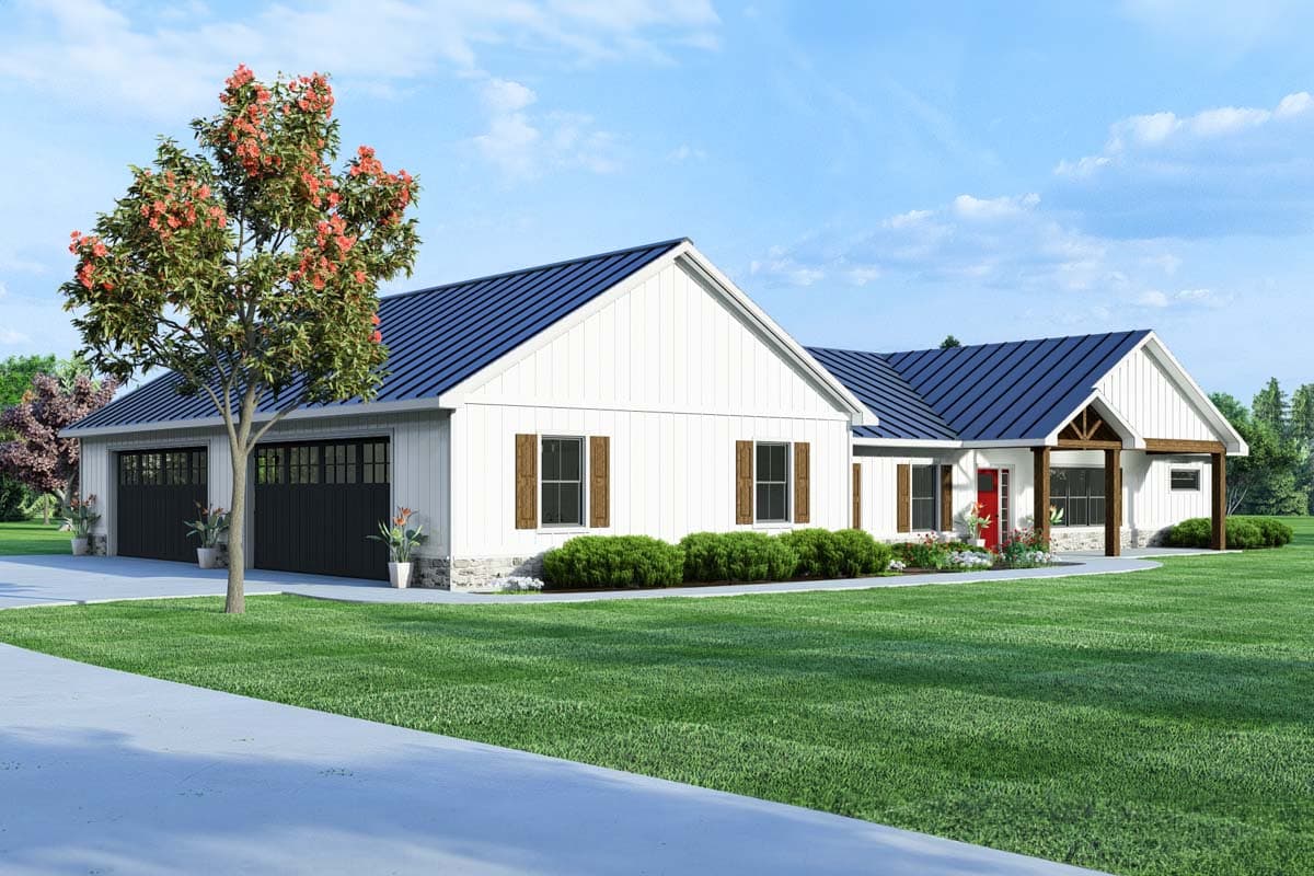 House plan exterior: Modern Farmhouse style, single-story, white siding, dark metal roof, attached three-car garage, covered front porch.