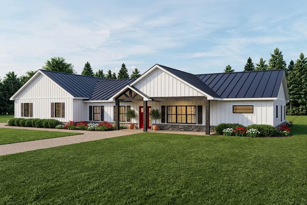 House plan exterior: Modern Farmhouse style, single-story with gables, covered porch with exposed beams, and dark metal roof.