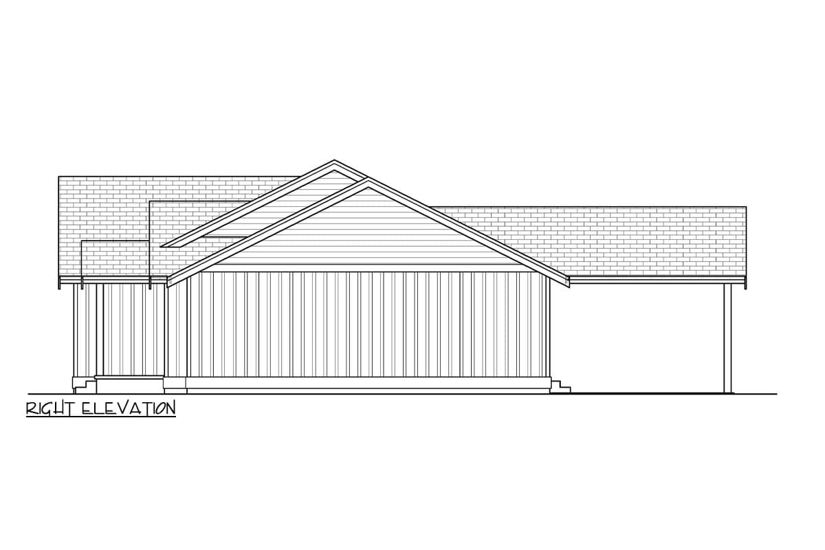 Right elevation drawing of a house plan showing vertical siding, gabled roof, and attached garage.