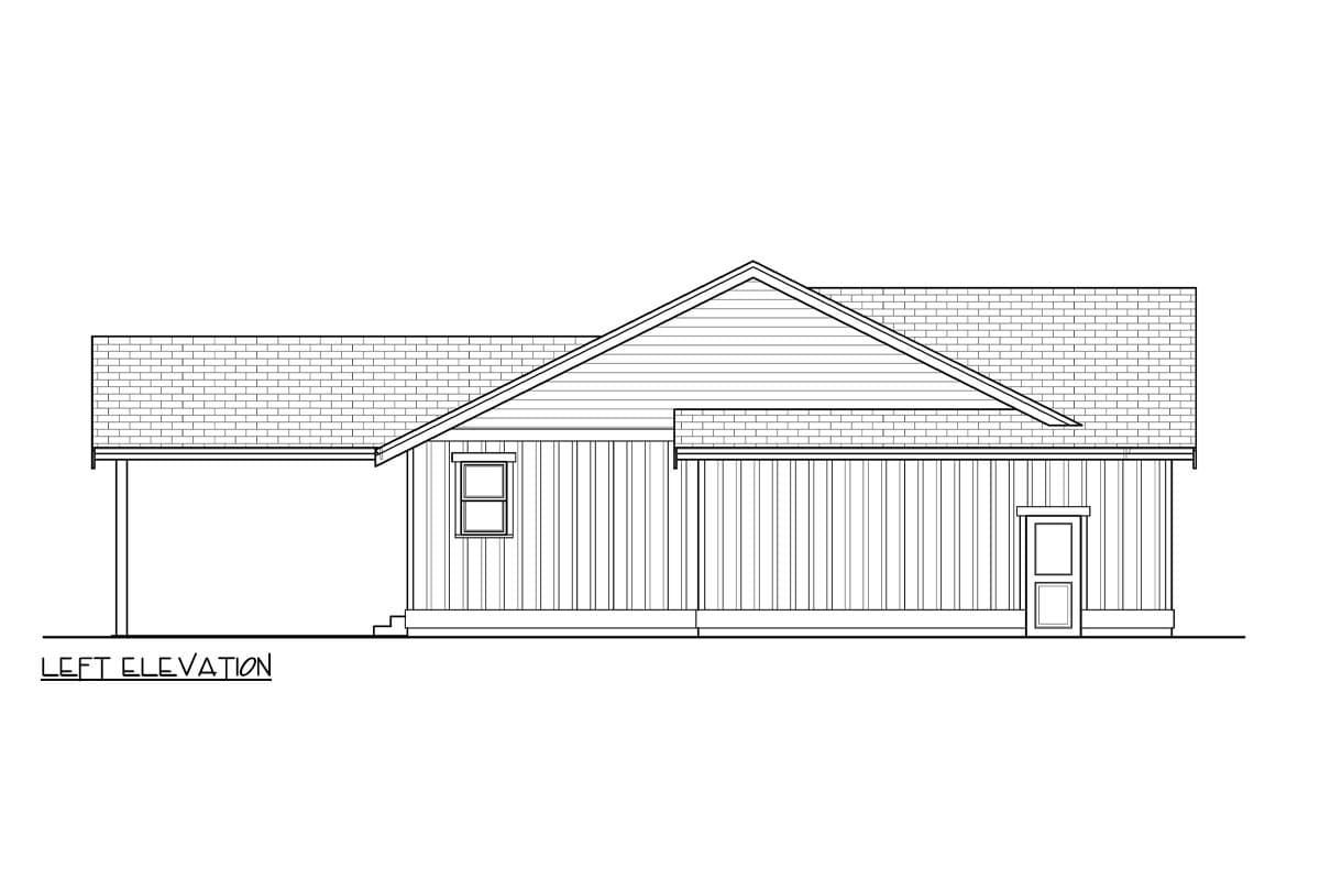 Left elevation drawing of a one-story house plan featuring vertical siding, a gable roof, a single window, and a covered porch.