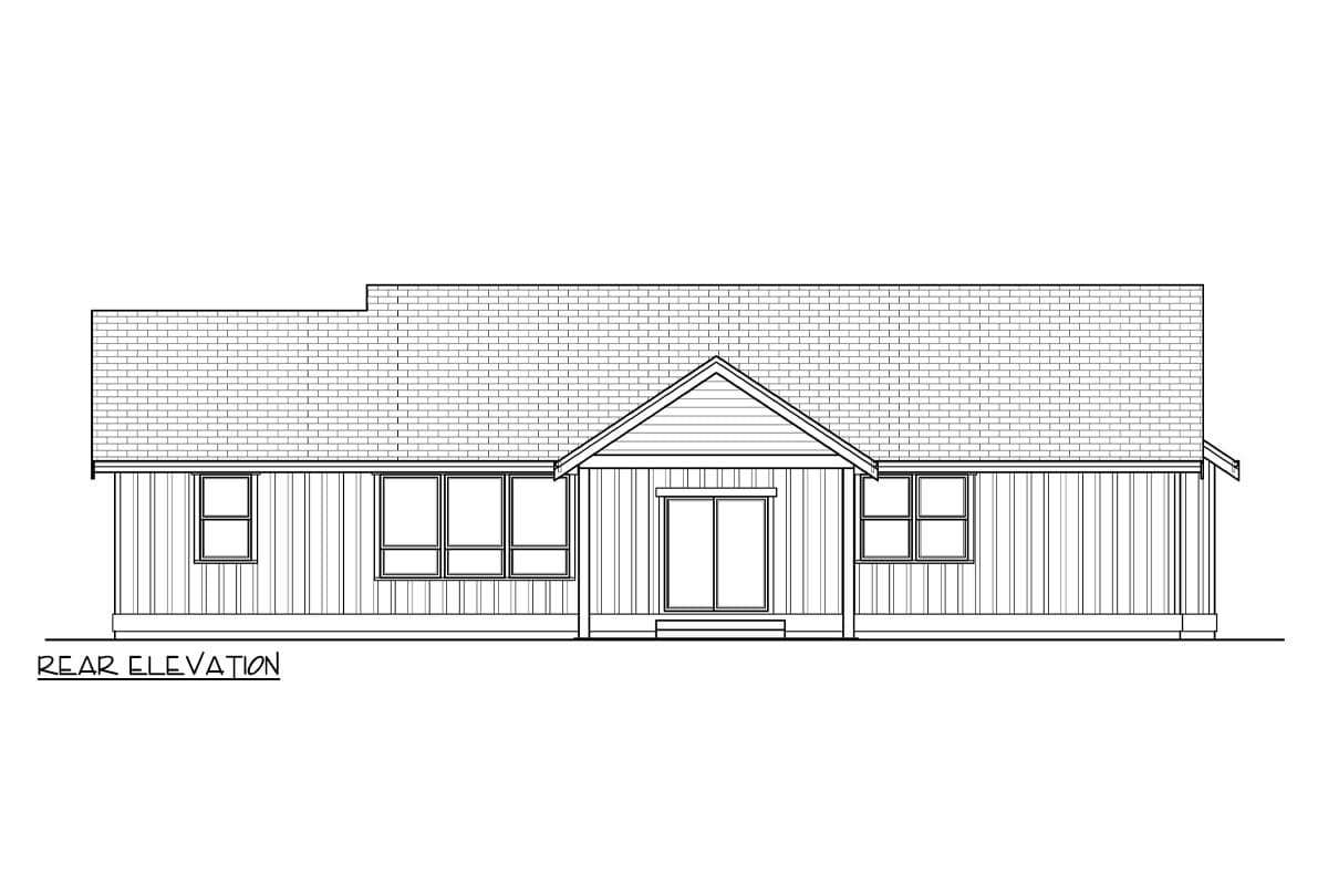 Rear elevation drawing of a one-story house plan featuring a gabled entrance with sliding doors and various window configurations.