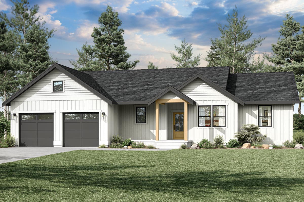 House plan exterior. Modern Farmhouse style with two stories, a front porch, a gabled roof, and a two-car garage.