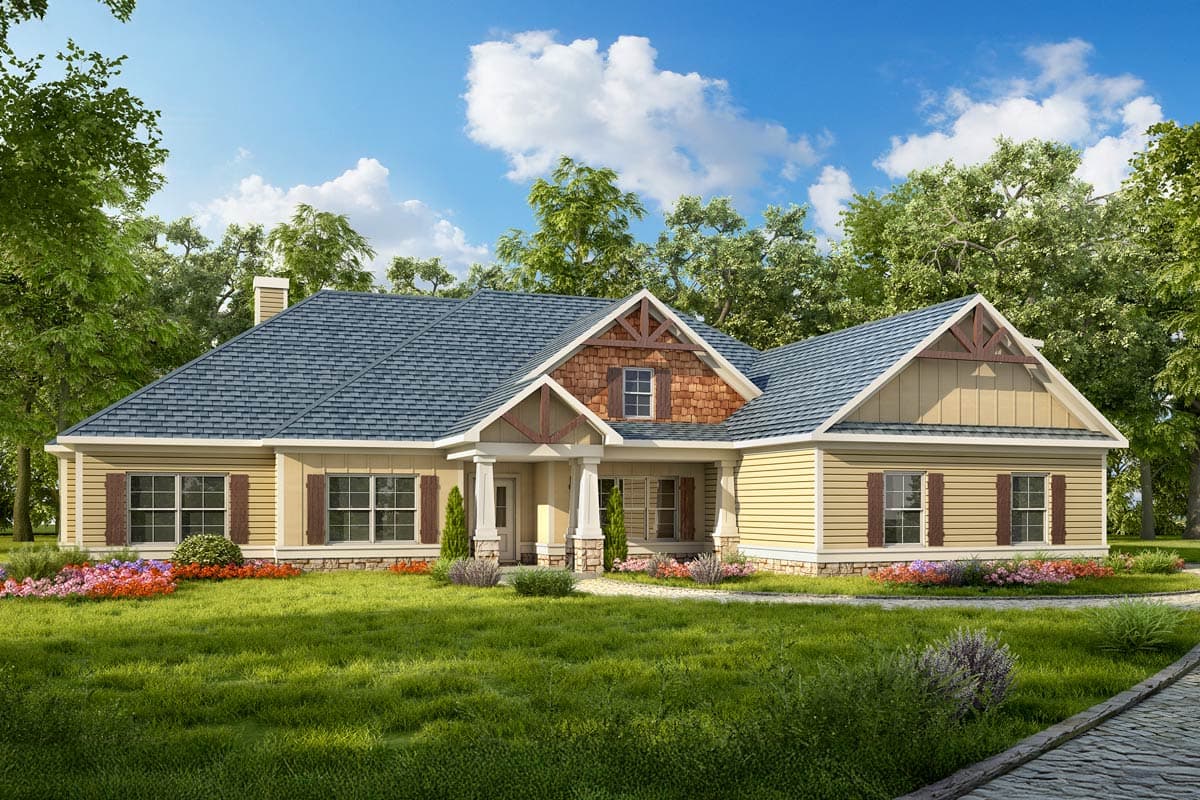 Craftsman-style house plan exterior with a covered front porch, prominent gables, and stone and shingle accents.