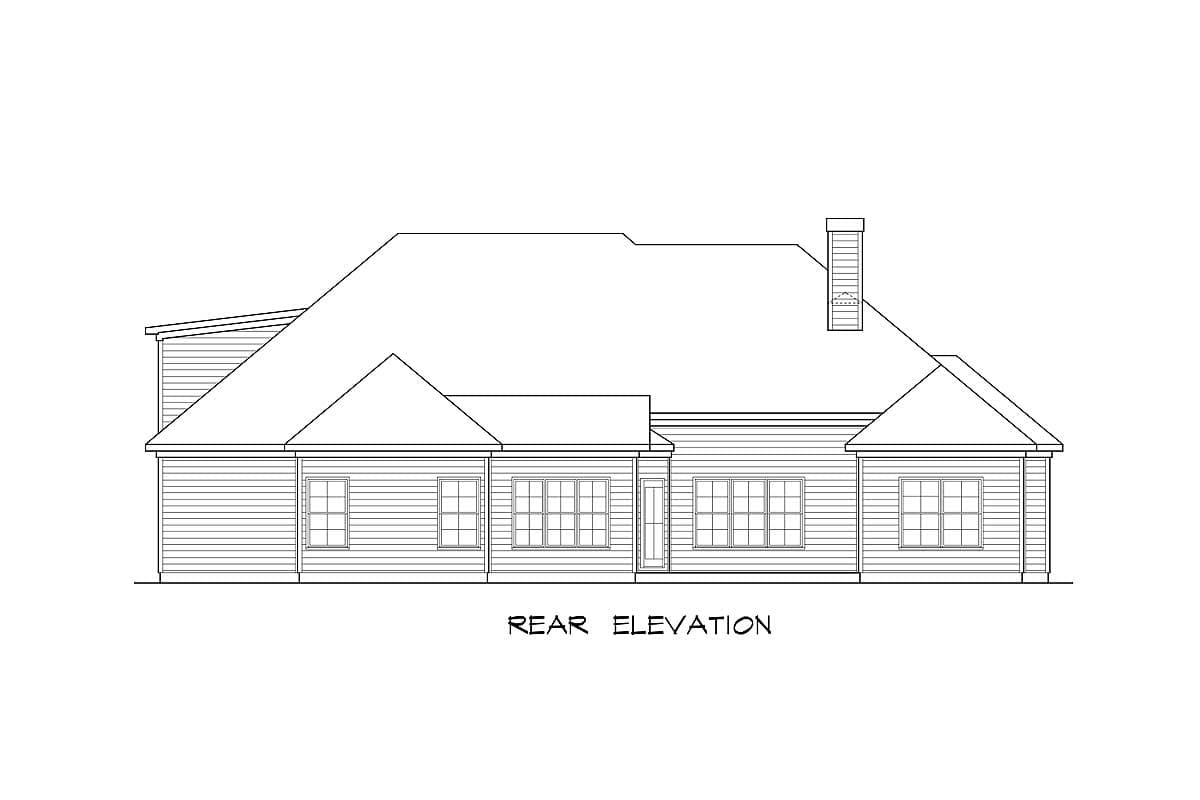 Rear elevation drawing of a house plan, showing horizontal siding, multiple gables, a chimney, and various windows.