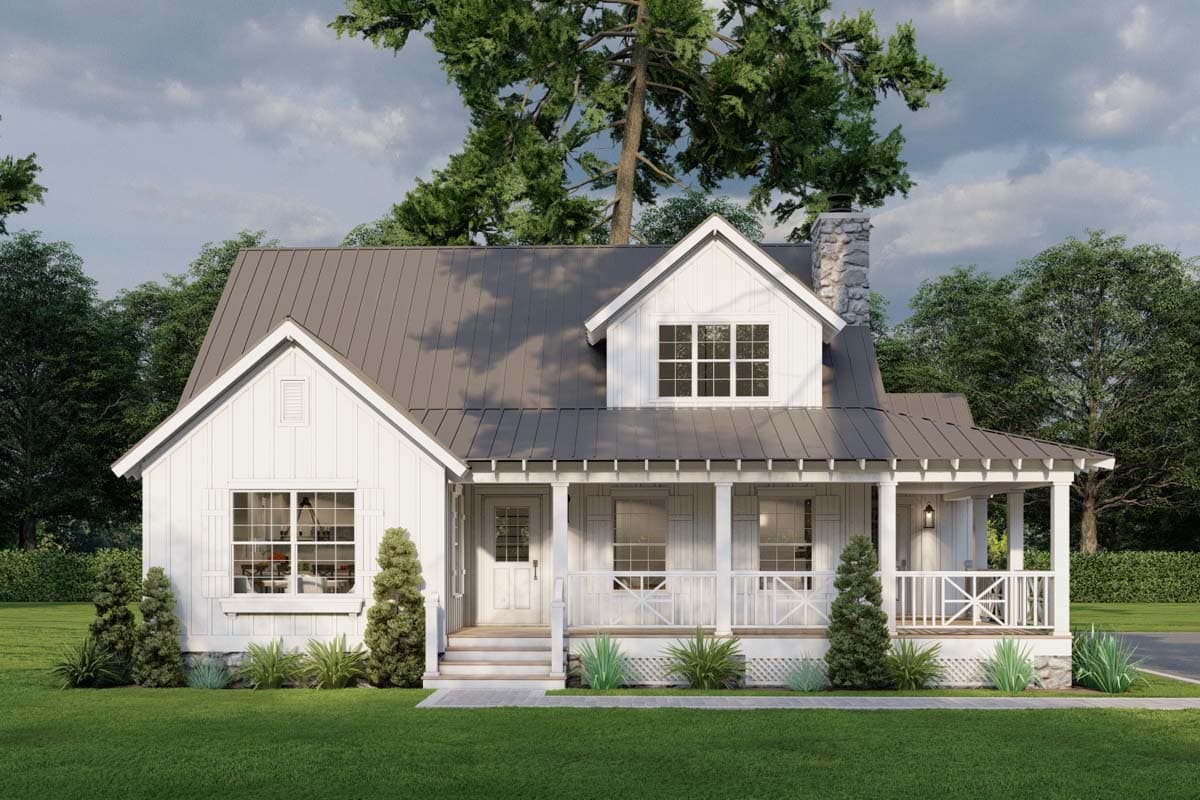 Farmhouse style house plan exterior with a single story, front porch, gables, dormer, and stone chimney.