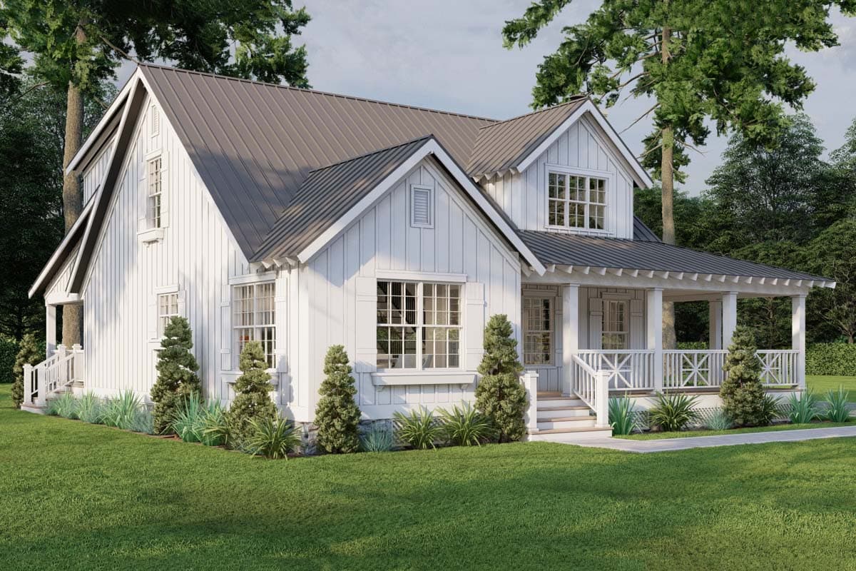 House plan exterior: Modern Farmhouse style with board and batten siding, metal roof, and wrap-around porch with white railings.