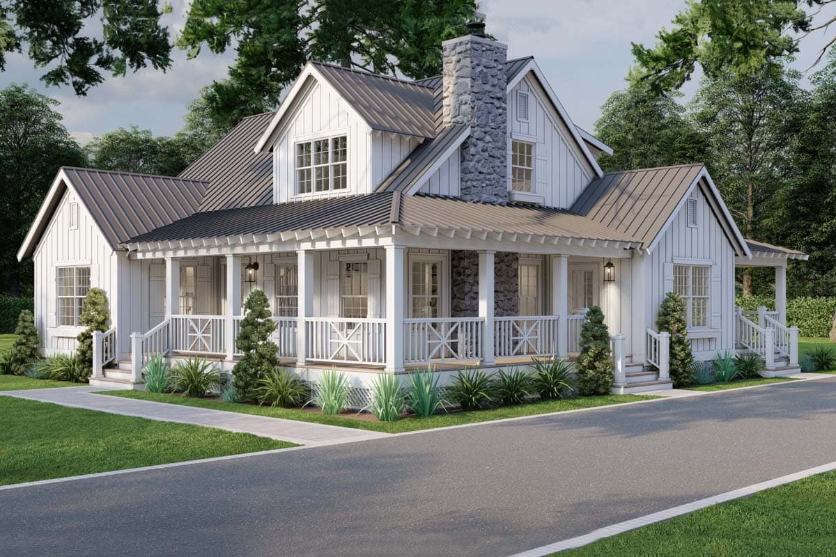 Modern Farmhouse house plan exterior with wraparound porch, metal roof, and stone chimney.