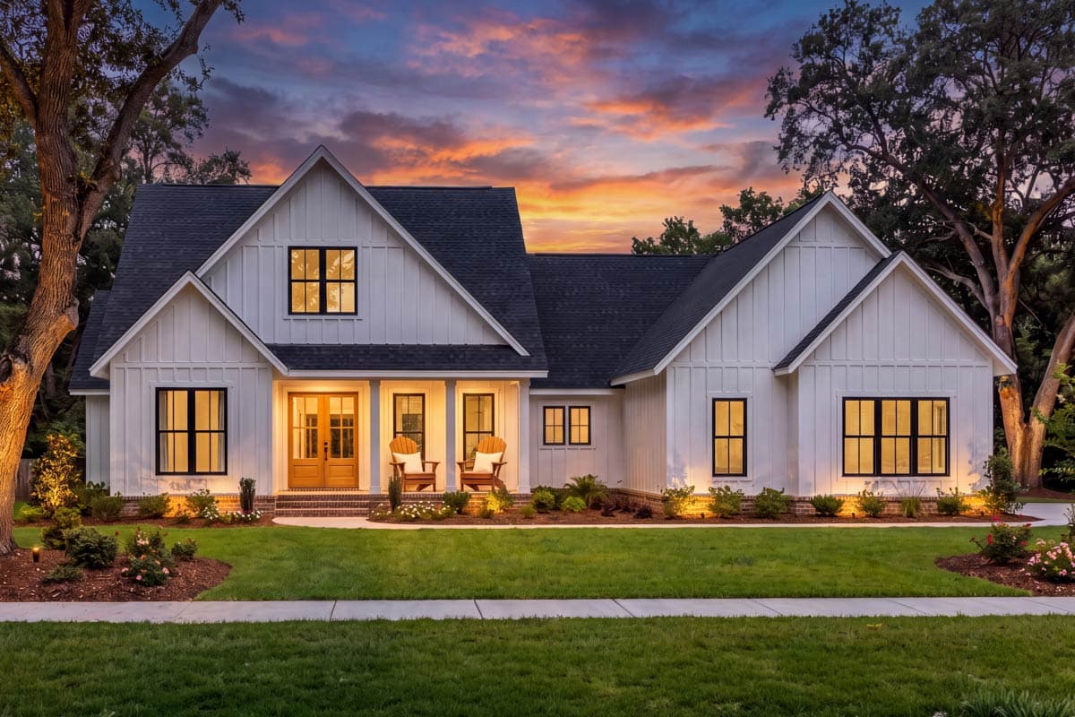 Modern Farmhouse style house plan exterior, one story, featuring board and batten siding, gables, and a prominent front entry.