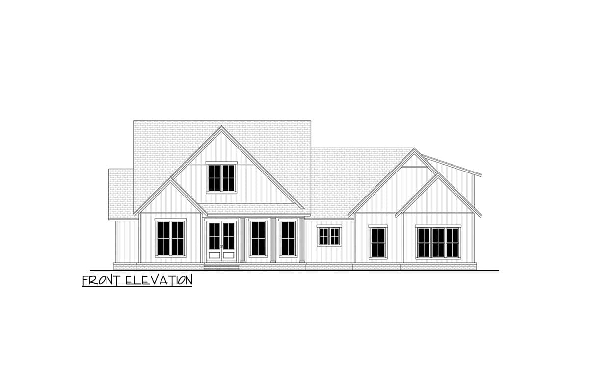 Front elevation drawing of a one-story house with gables, a covered porch, and horizontal siding.