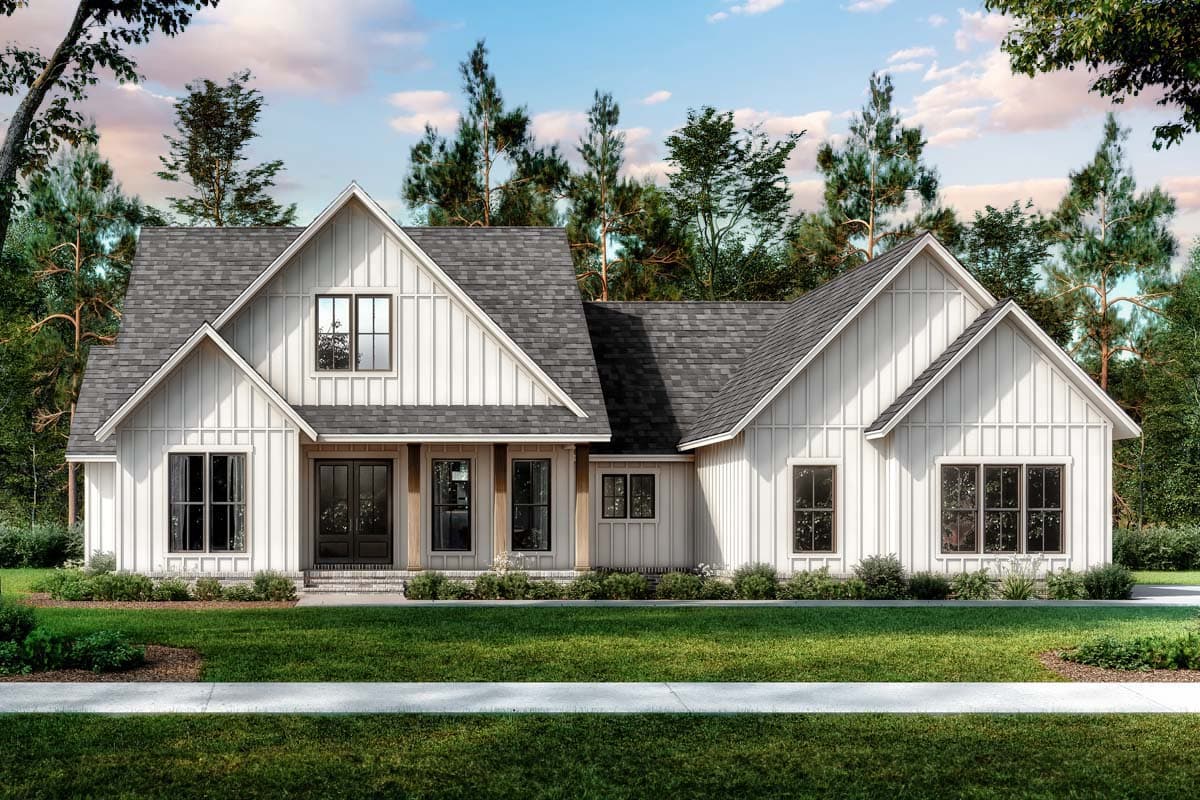 House plan exterior. Modern Farmhouse style with board-and-batten siding, multiple gables, and a front porch. Two-story with dark framed windows.