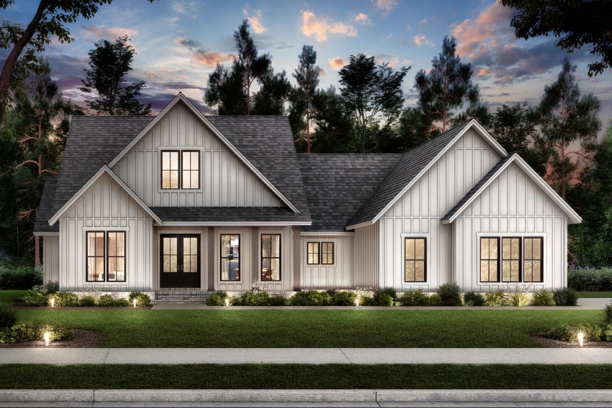 Modern Farmhouse style house plan exterior, one story, featuring board and batten siding, gables, and a prominent front entry.
