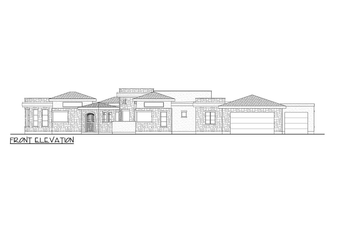 Front elevation drawing of a single-story house with stone facade, multiple gables, arched entryway, and a two-car garage.