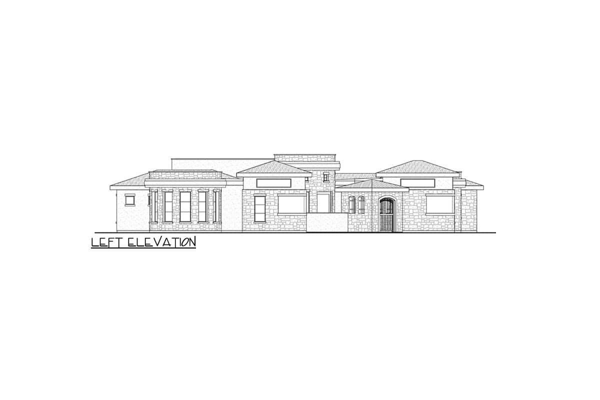 Left elevation of a multi-level house plan with stone facade, arched entryway, and varied rooflines.