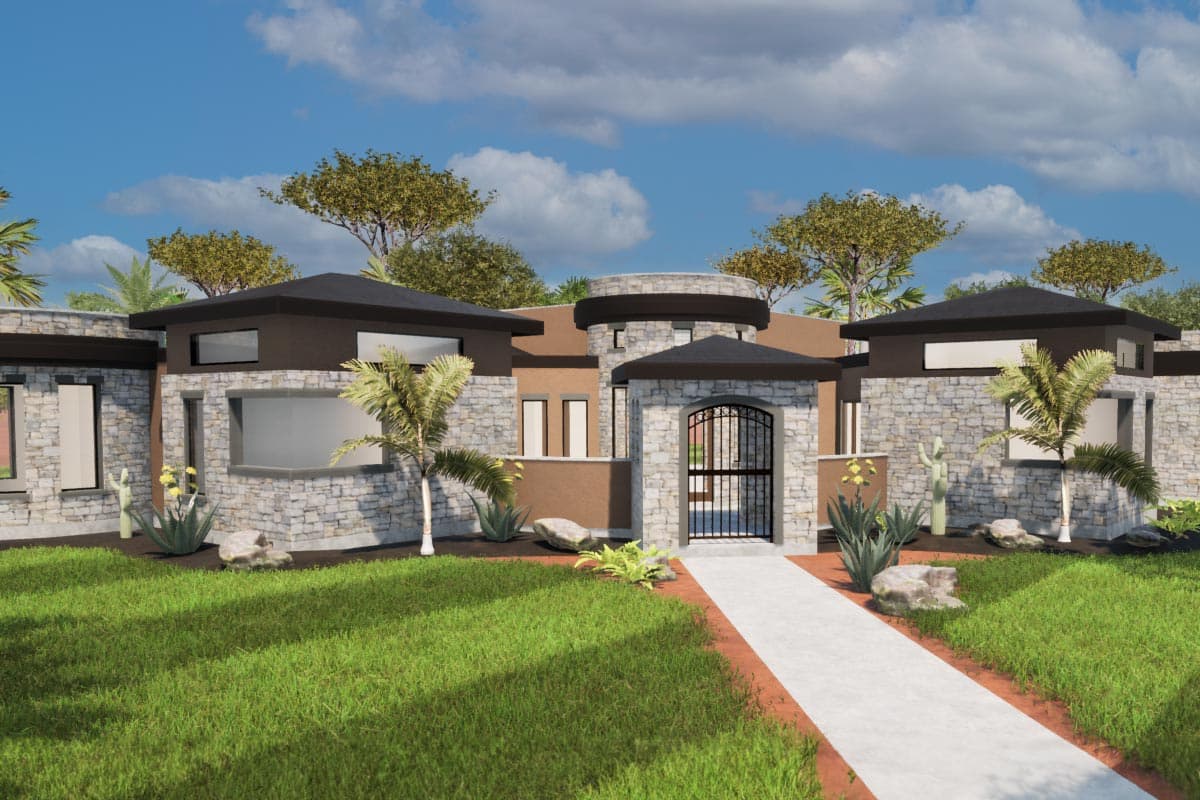 House plan exterior with stone veneer, flat roof, and a gated entry. Features include clerestory windows and a cylindrical architectural element.