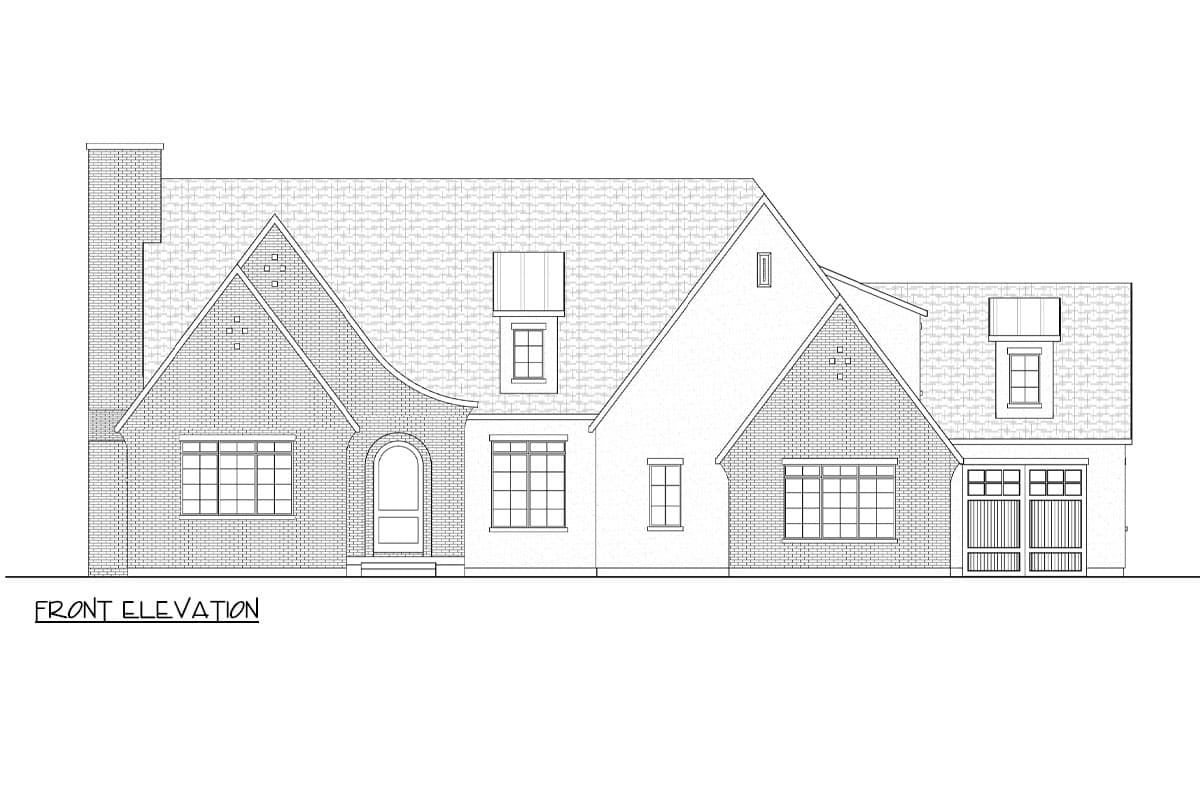 Front elevation drawing of a house with a brick facade, arched entry, and gabled rooflines.