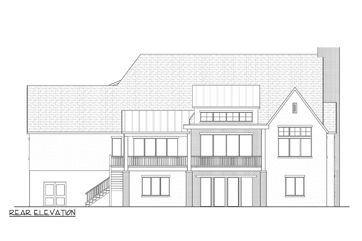 Rear elevation drawing of a multi-story house plan featuring varied rooflines, balconies, and a brick chimney.