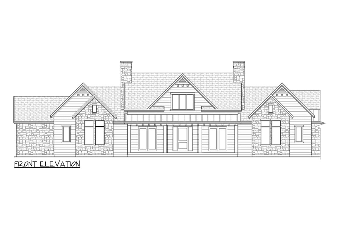 Front elevation drawing of a house plan with stone and lap siding, multiple gables, and a covered porch.