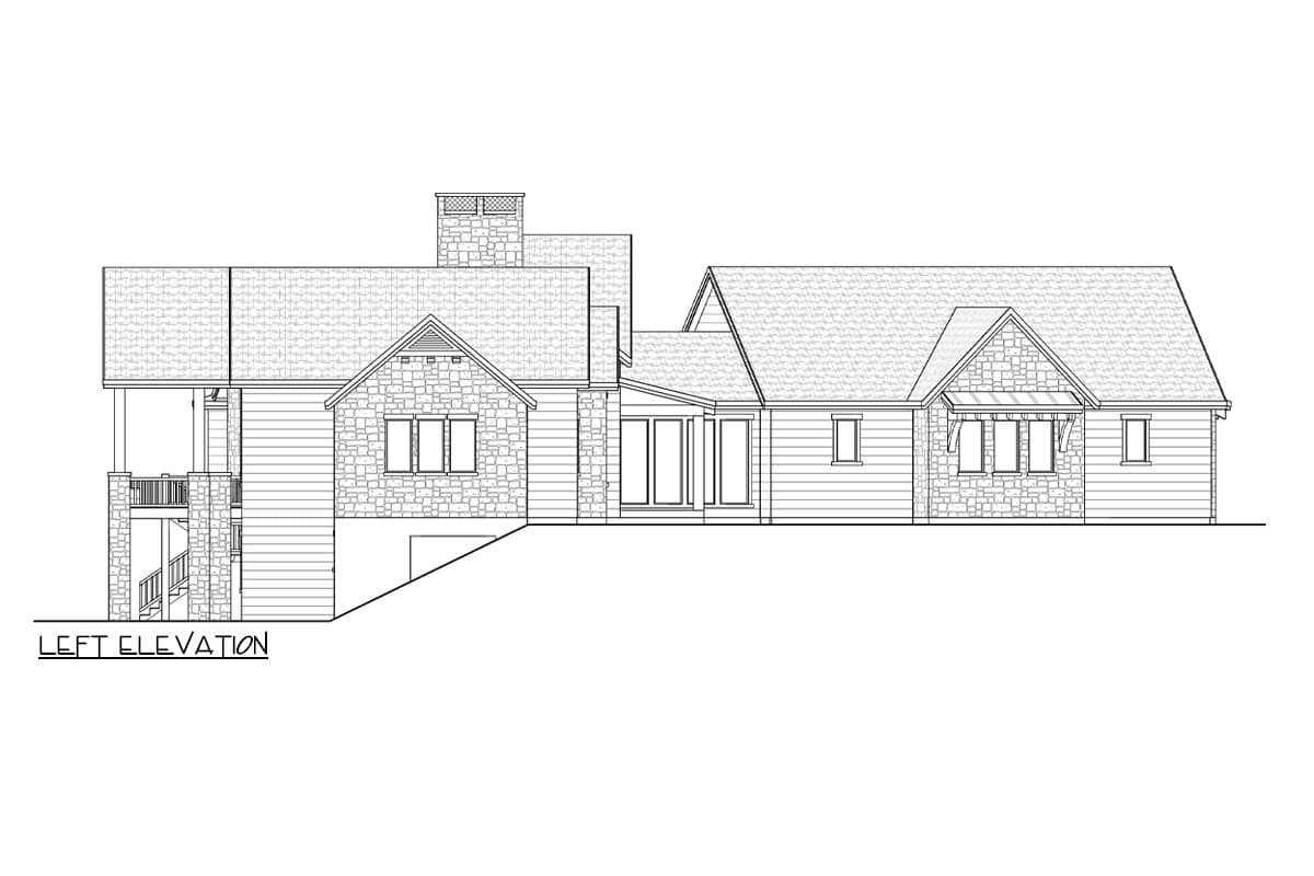 Left elevation of a house plan with stone and horizontal siding, multiple gables, and a covered porch with stone columns.