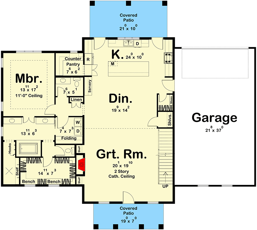 Plan 623330DJ: Barndominium-Style House Plan with Master On Main and Two Upstairs Beds - 2519 Sq Ft - Floor Plan - Main Level - Barndominium, Country, Traditional