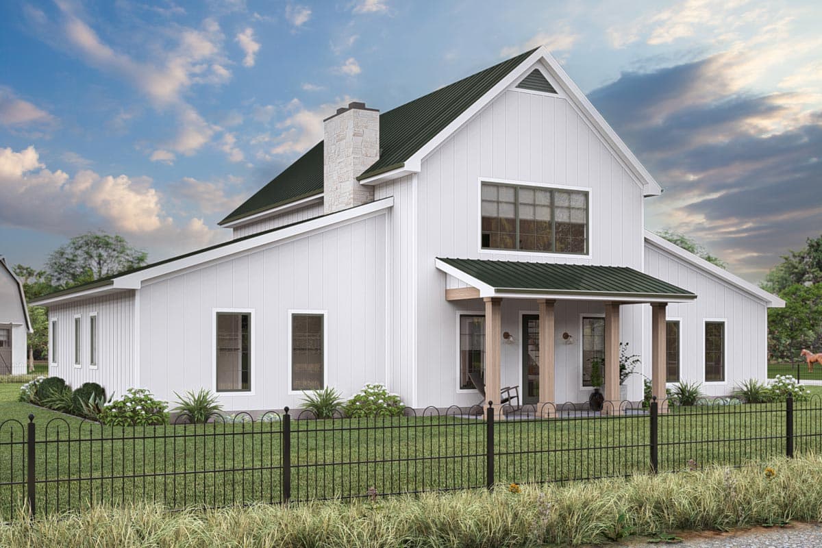 House plan exterior. Two-story Modern Farmhouse with a gable roof, covered porch, and board-and-batten siding. Features a stone chimney.