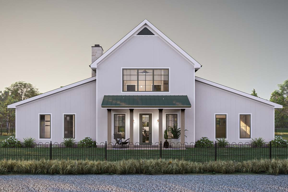 Modern farmhouse exterior plan with a gabled roof, board and batten siding, central porch, and upper-level window.