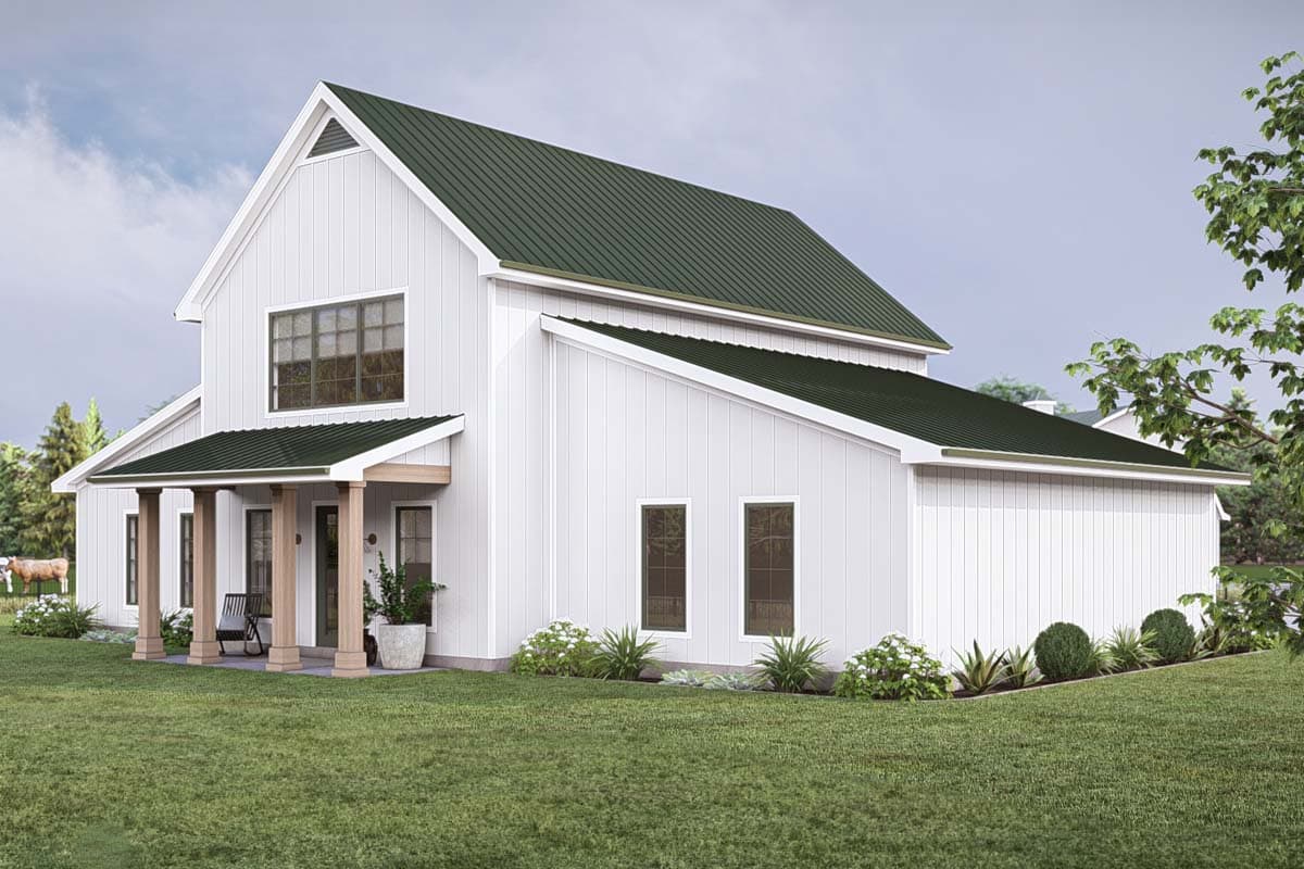 Modern Farmhouse house plan exterior with white vertical siding, green metal roof, gabled dormer, and covered porch with wood columns.