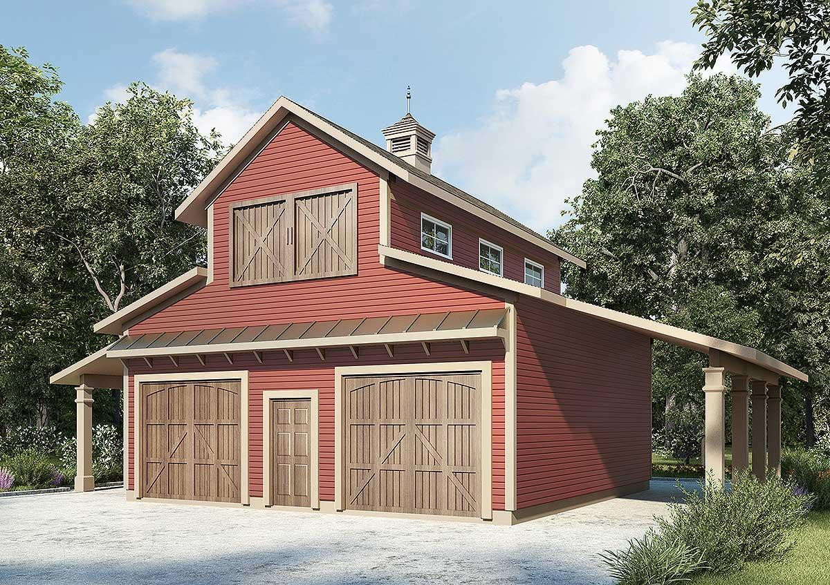 House plan exterior with two-story design in barn style. Features include gabled roof, cupola, two-car garage, and porch.
