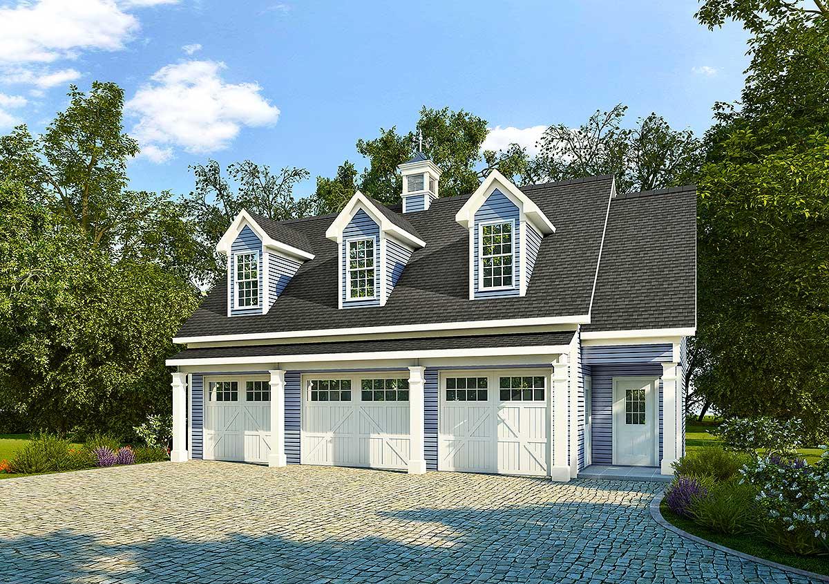 House plan exterior. Two-story structure with a three-car garage, three dormers, and a gabled roof. Features columns and a cupola.
