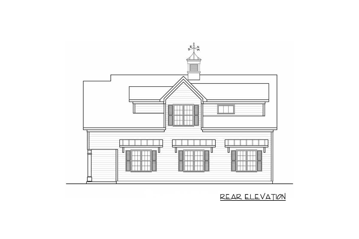 Rear elevation drawing of a two-story house plan with a cupola, gabled dormer, and multiple windows.