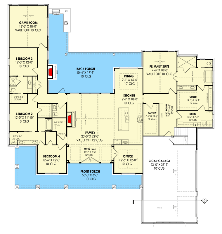Plan 818129JSS: 4-Bed New American House Plan with Game and Bonus Rooms - 3620 Sq Ft - Floor Plan - Main Level - Farmhouse, Modern Farmhouse, New American